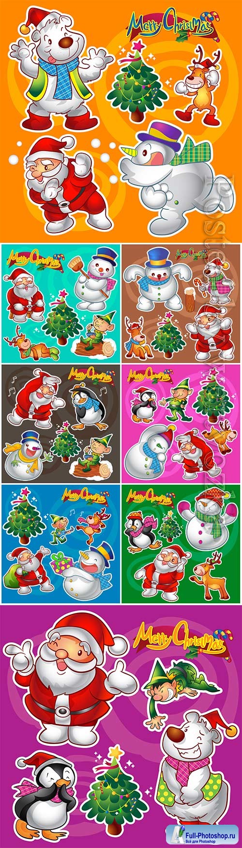 Vector set of colorful cute christmas characters and decorations