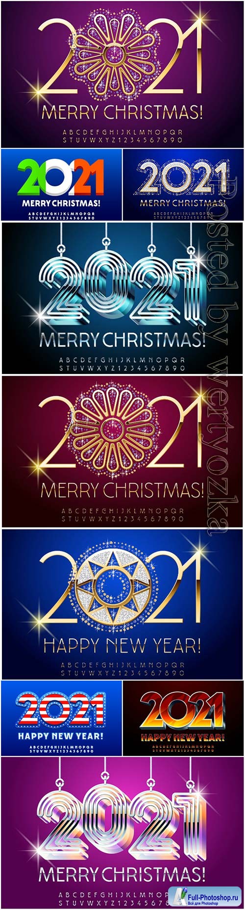 Luxury greeting card merry christmas 2021, alphabet letters and numbers set premium vector