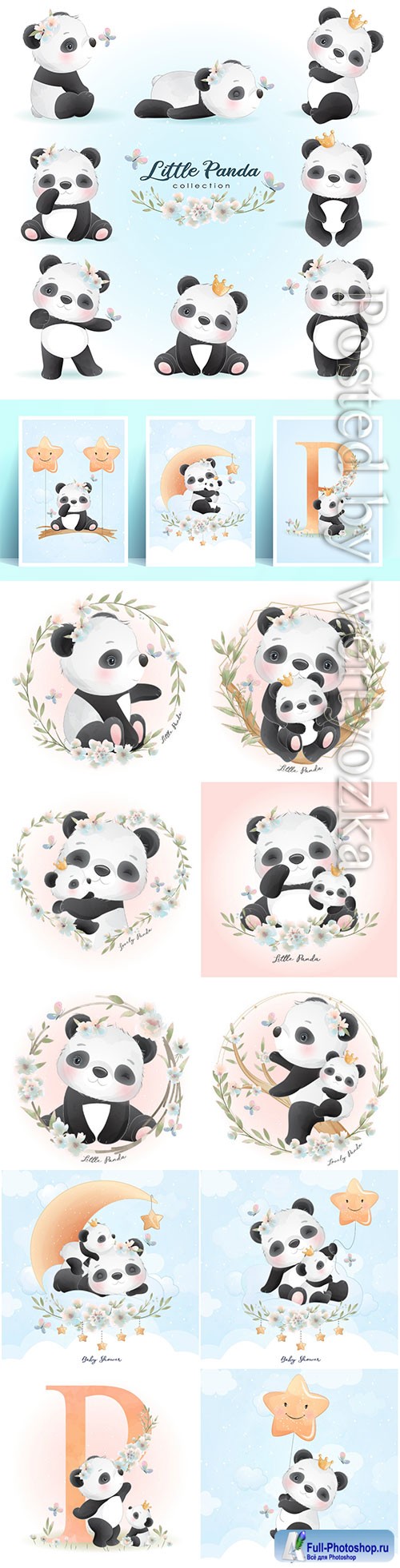 Cute panda with floral illustration premium vector