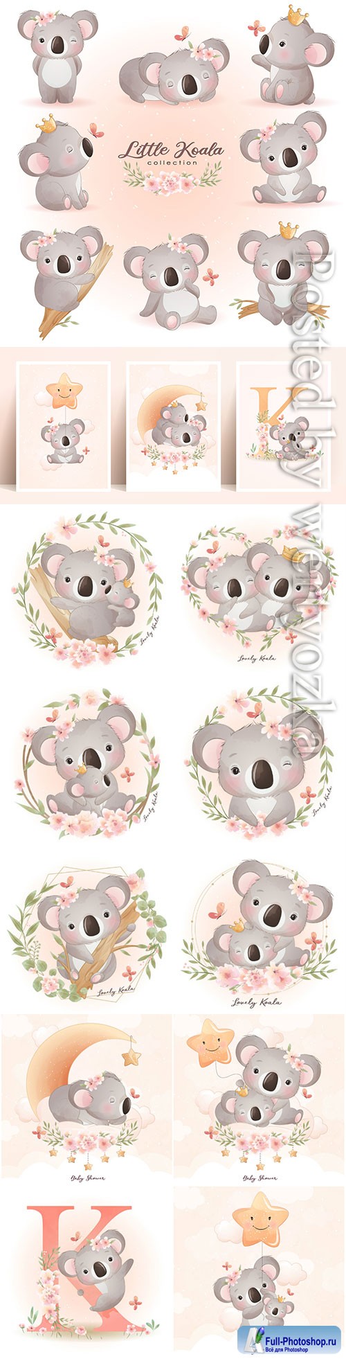 Cute doodle koala bear with floral illustration premium vector