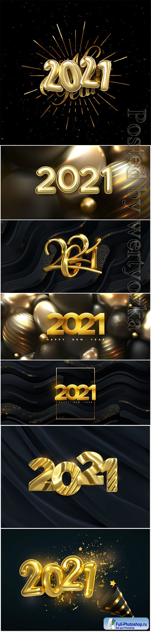 Happy new 2021 year, silver and golden metallic vector numbers