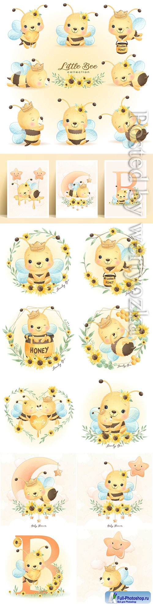 Cute doodle bee poses with floral collection premium vector
