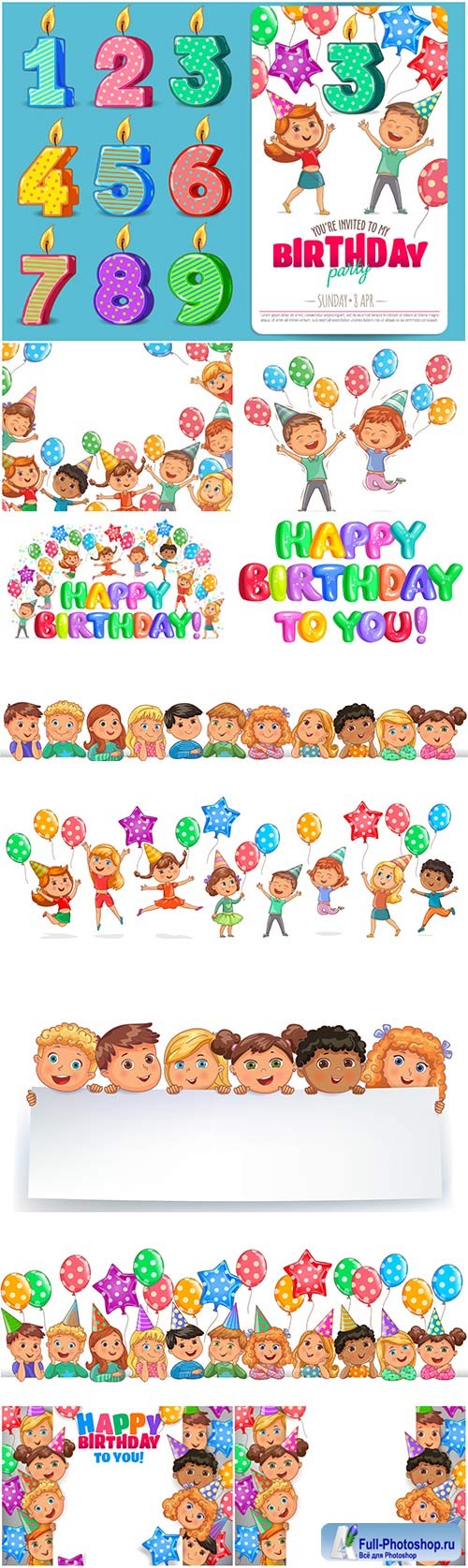 Happy birthday vector illustration, funny kids