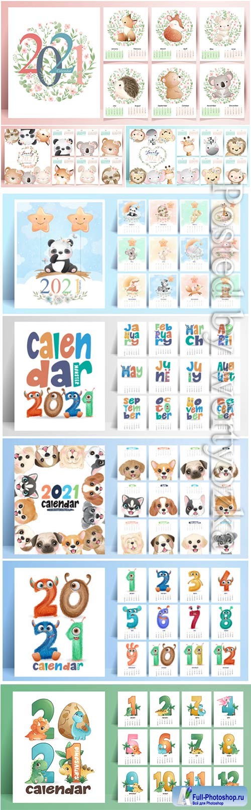 Cute animals calendar for year vector collection
