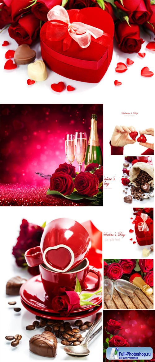 Romantic stock photo with champagne, roses and sweets