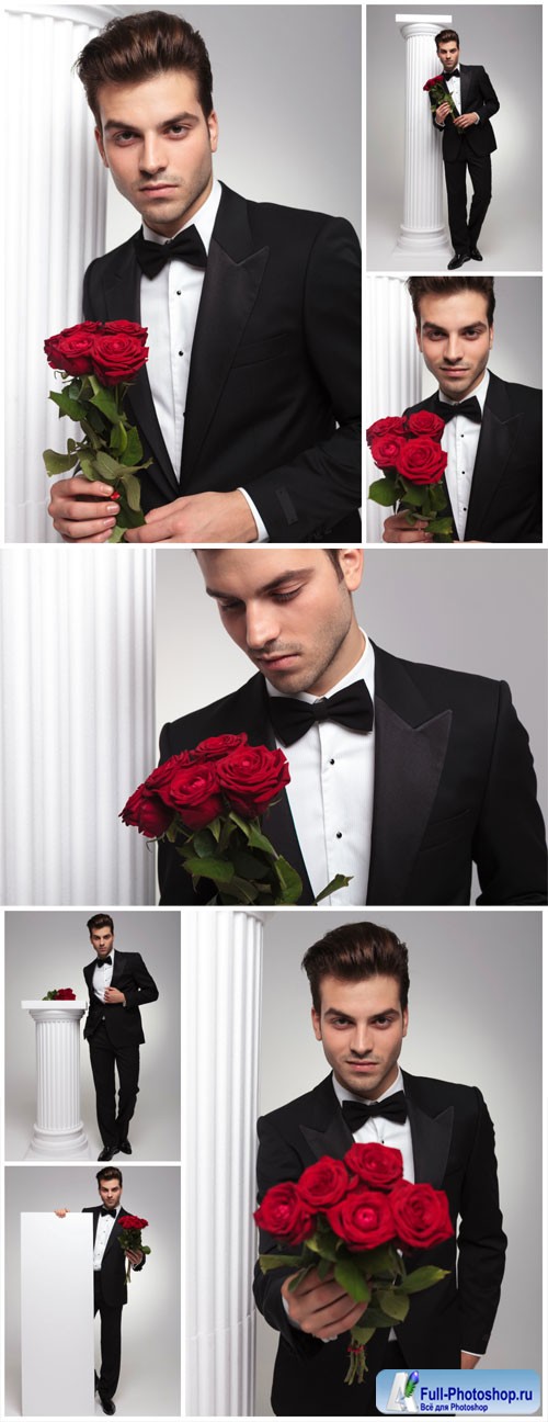 Man with red roses stock photo