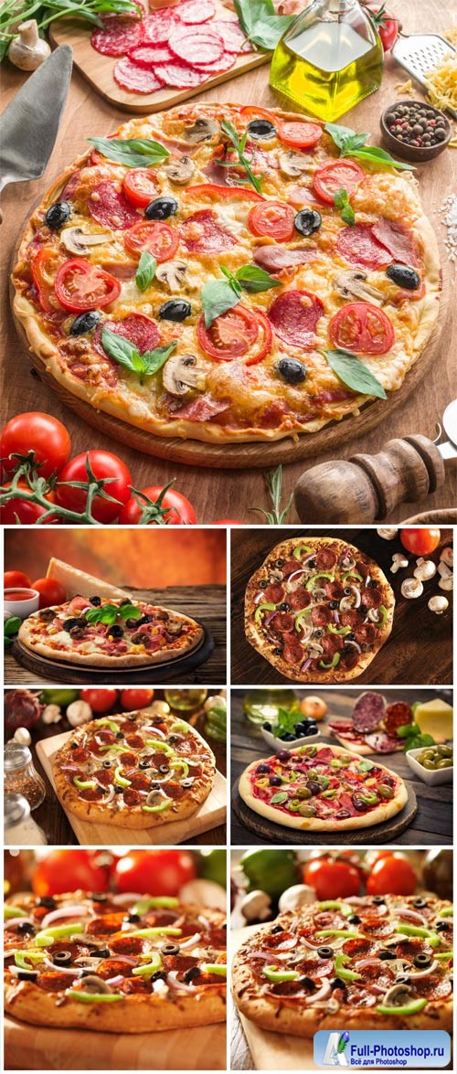 Pizza with tomatoes and olives stock photo