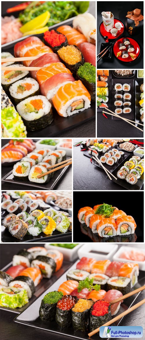 Sushi sets on black table stock photo