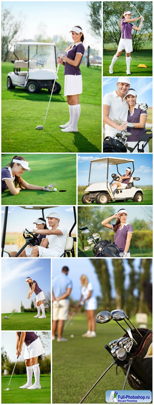 Golf, man and woman on golf course stock photo