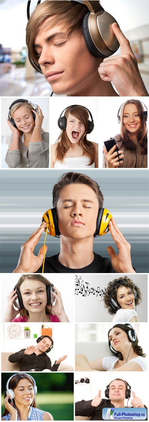 People with headphones stock photo