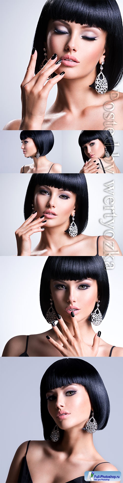 Beautiful brunet woman with black nails and fashion makeup of eyes