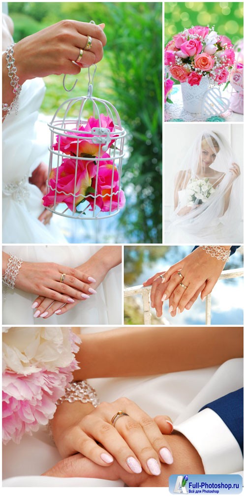 Wedding set, hands of bride and groom stock photo