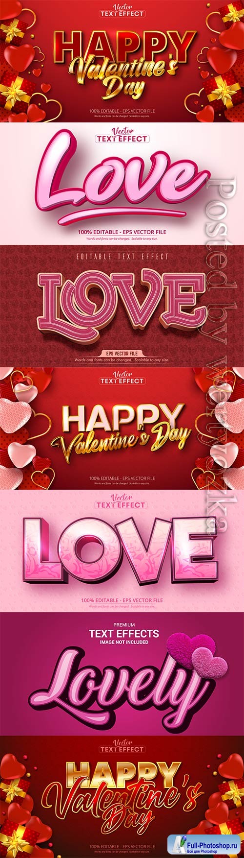 Valentine text effects style in vector with hearts