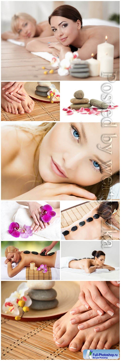 Spa stone massage, women in spa salon stock photo