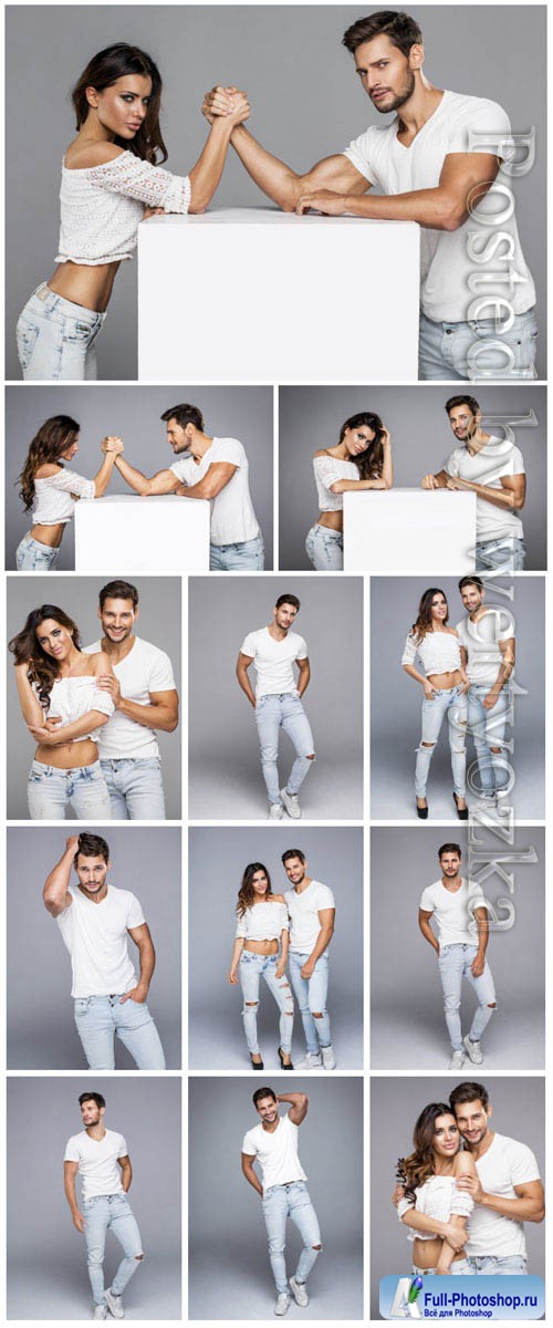 Stylish man and woman in jeans stock photo