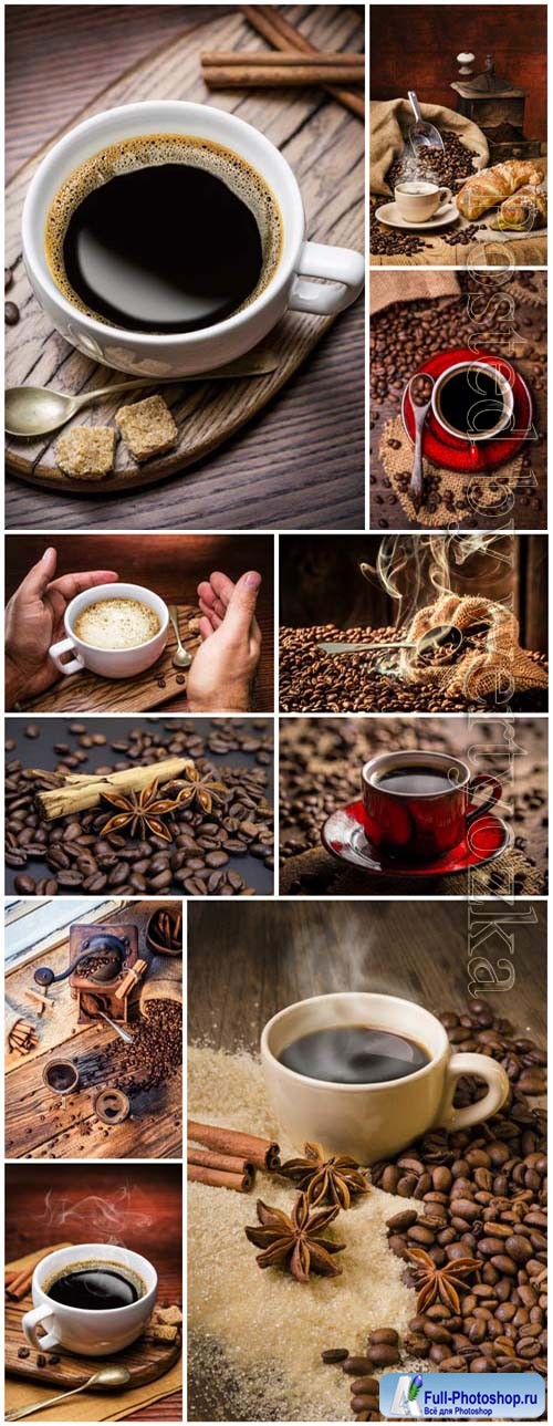 Cups with coffee and coffee beans on table stock photo