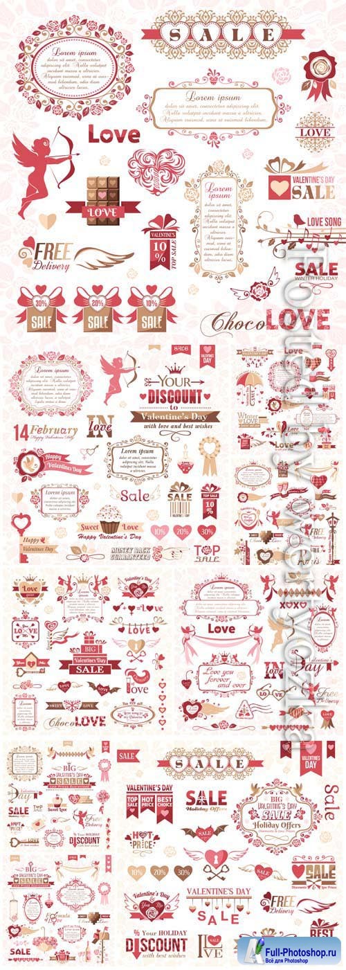Frames, icons, labels and decorative elements for valentine's day in vector
