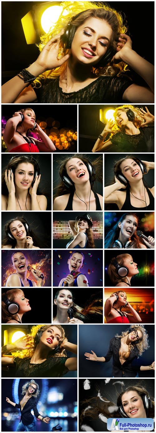 Girls with headphones listening to music and singing stock photo