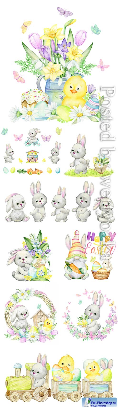 Rabbits, bicycle, easter eggs, butterflies, house, car, plant watercolor set of elements
