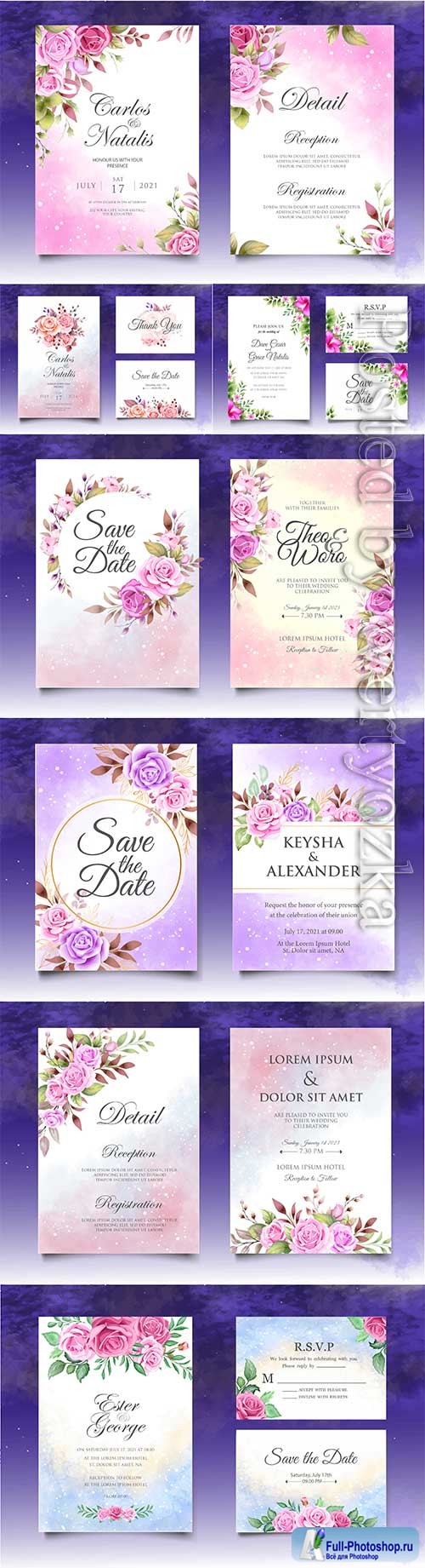 Wedding invitation with red and purple roses