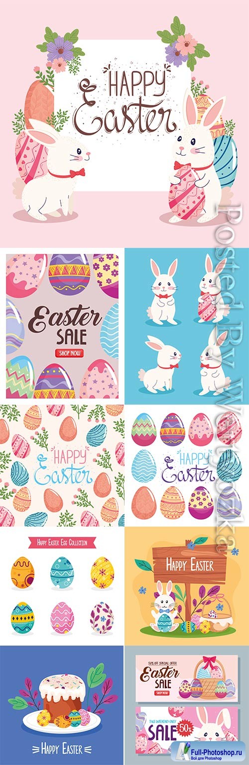 Happy easter lettering vector card with illustration