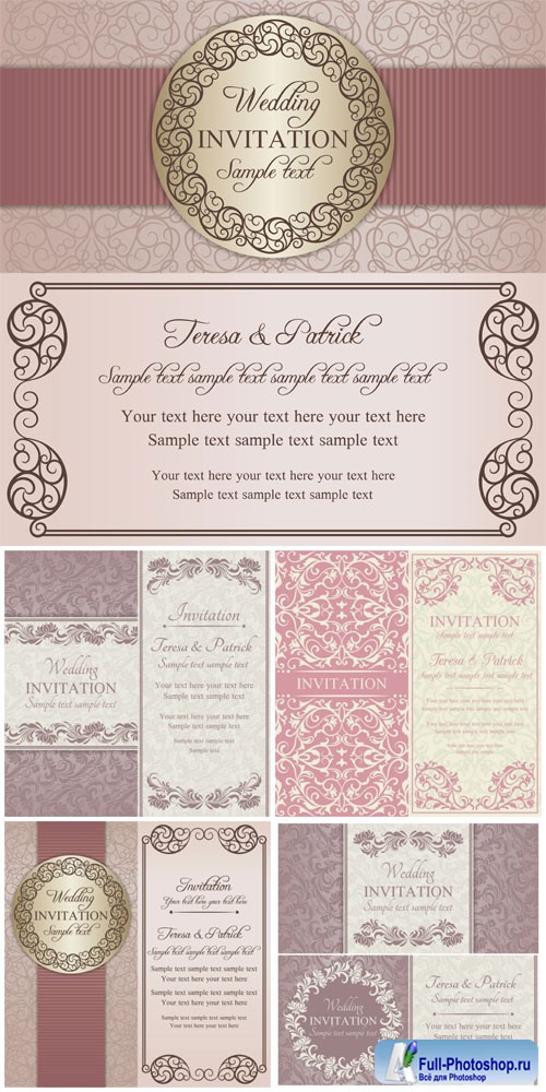 Wedding vector invitation cards with beautiful ornaments