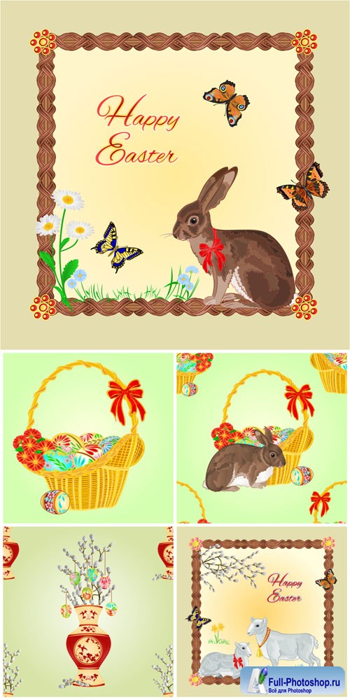 Easter bunny and basket with Easter eggs in vector