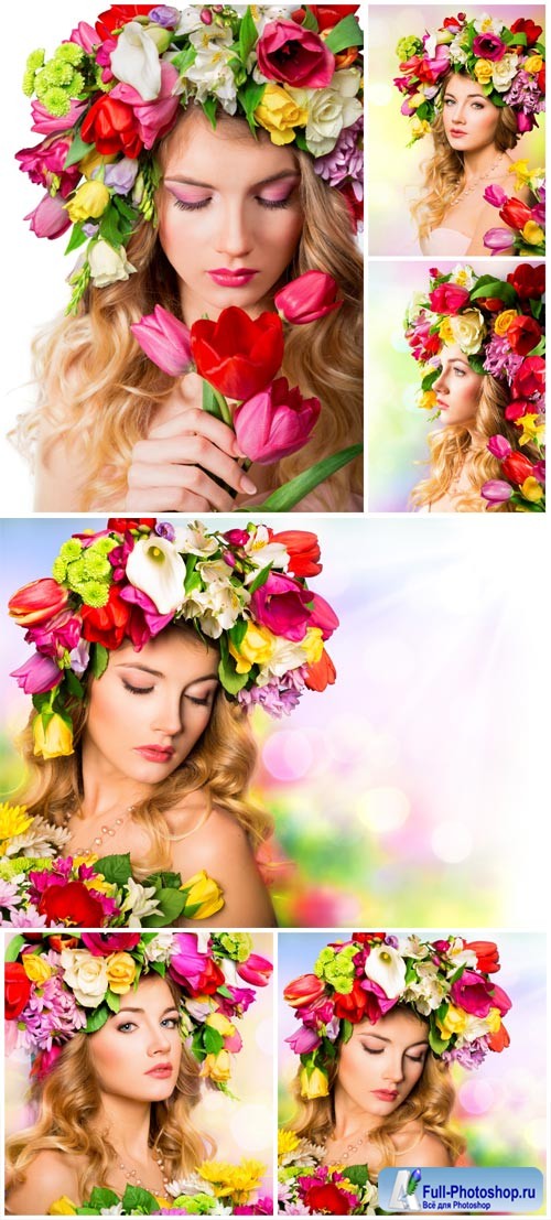 A wreath of flowers on a girl's head stock photo