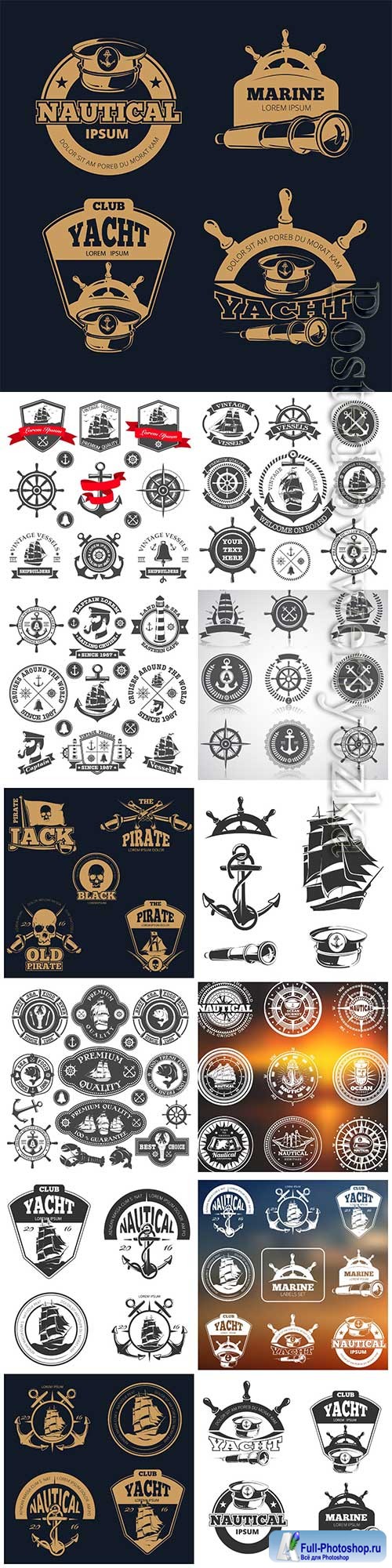 Set of nautical emblems, labels and esignaed elements