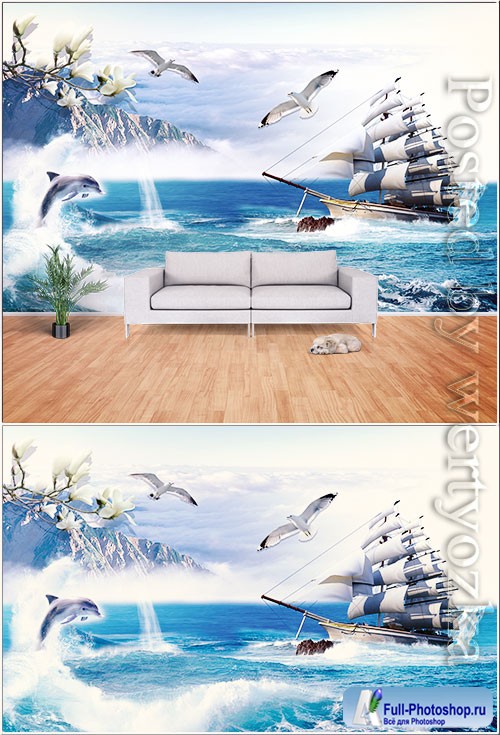 Seagull, big ship, sea dolphin, seaside scenery background wall