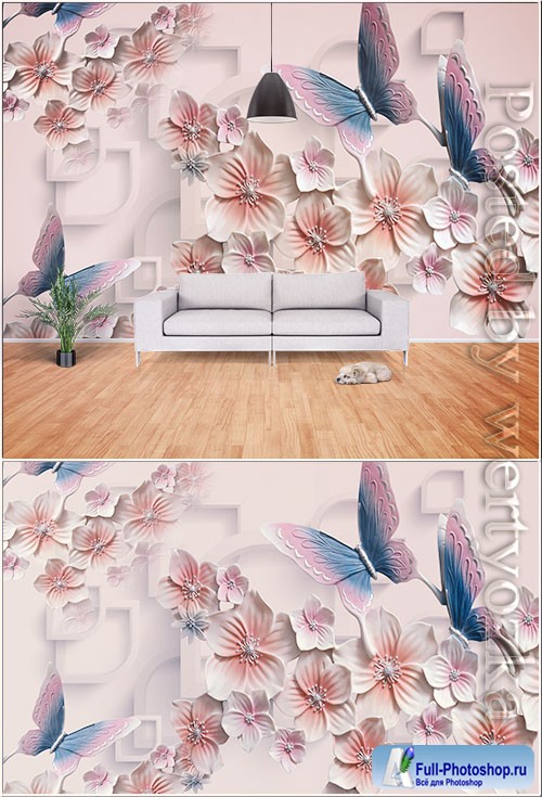 3d butterfly and flower tv background wall