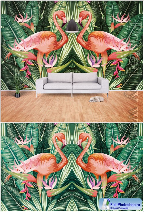 Modern hand drawn abstract tropical rainforest banana leaf flame bird tv background