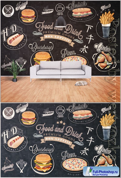 Hand drawn vintage chalkboard western style fast food background wall