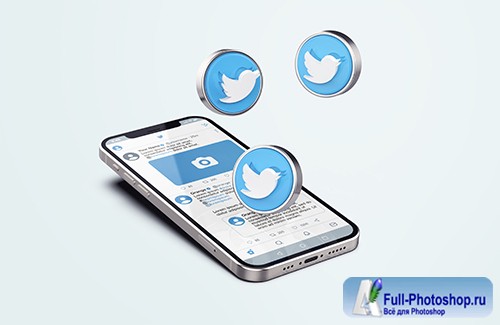 Twitter on silver mobile phone psd mockup with 3d icons