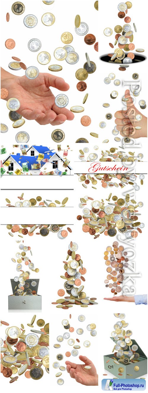 Scattering of coins, money in hands stock photo