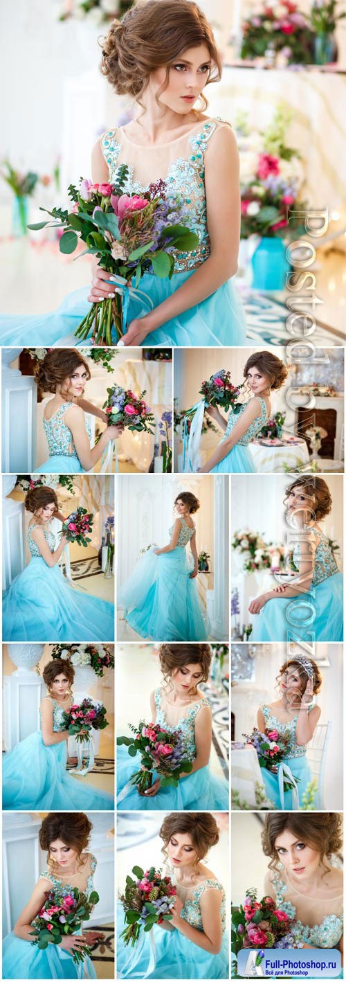 Girl in blue evening dress with flowers stock photo