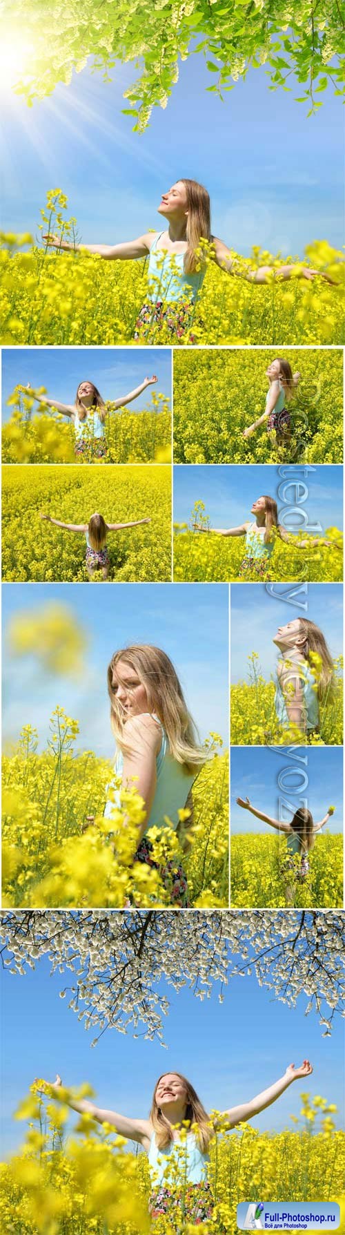 Girl in a field with yellow flowers stock photo