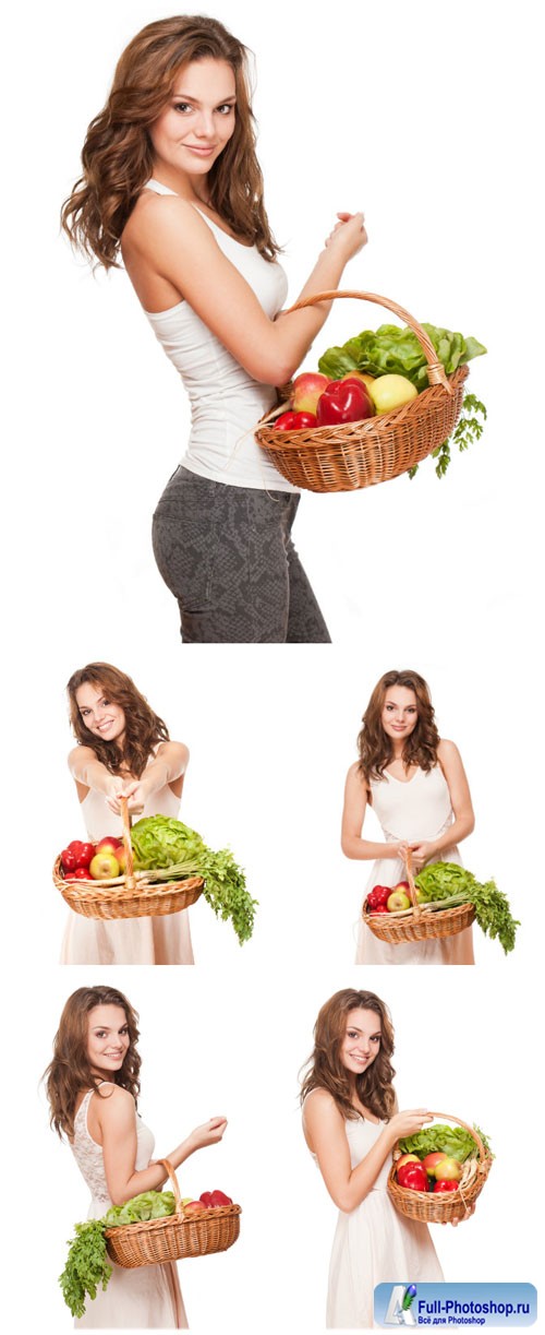 Girl holding a basket of vegetables stock photo