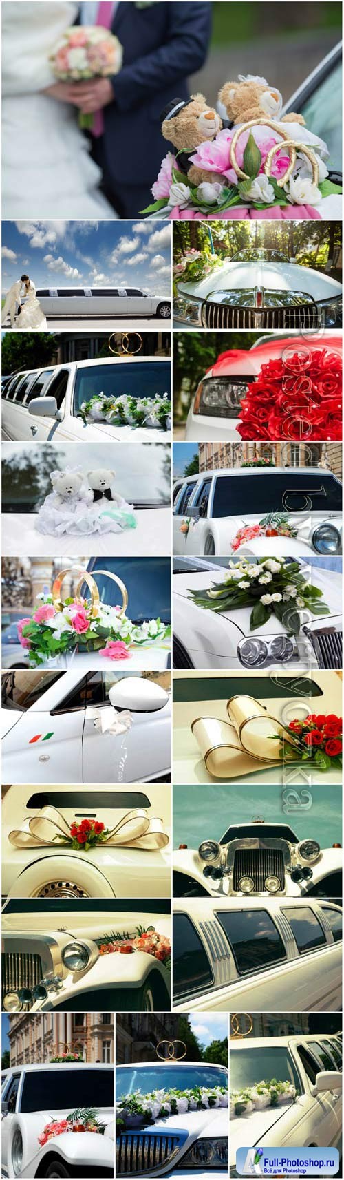 Decorated wedding cars, bride and groom stock photo