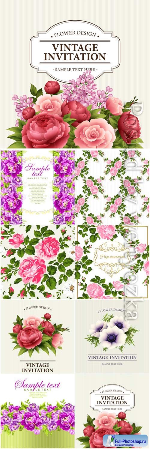 Vintage invitation cards with flowers in vector