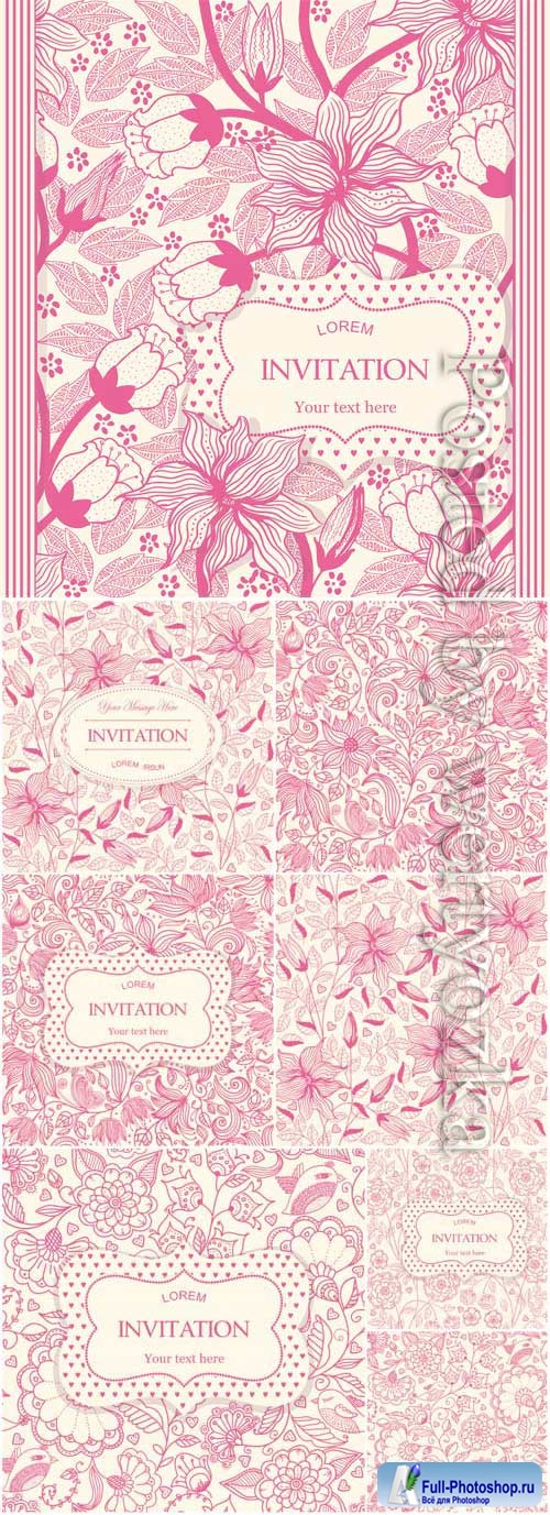 Backgrounds with pink patterns and flowers in vector