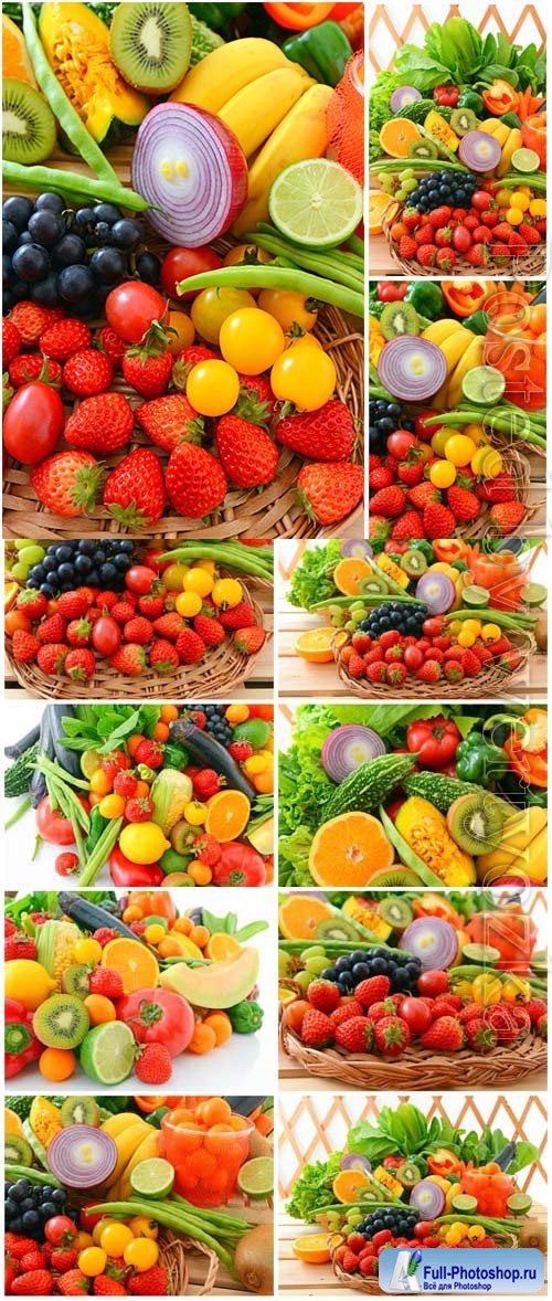 Set of fresh tropical fruits and various berries stock photo