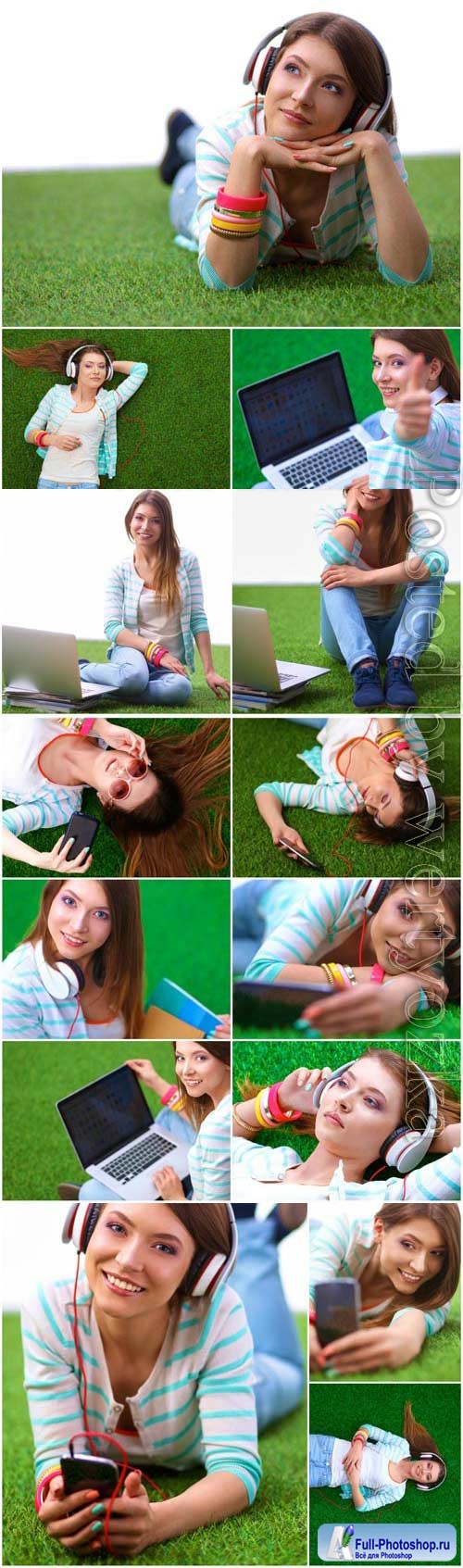 Girl with gadgets on green grass stock photo
