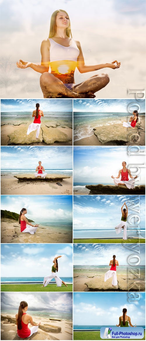 Yoga class by the sea stock photo