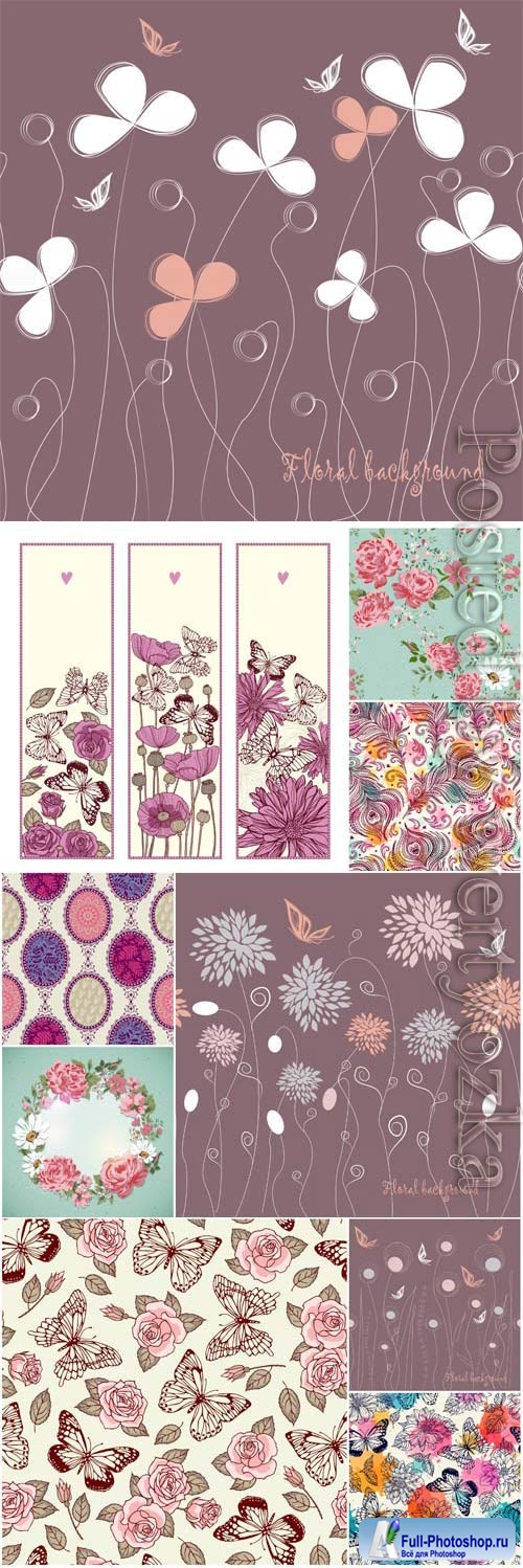 Backgrounds with flowers butterflies and patterns in vector