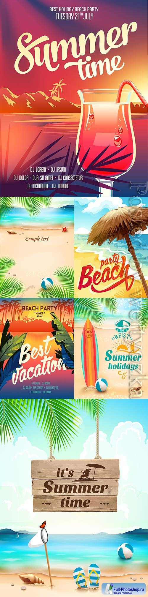 Summer vacation, sea, palm trees, cocktails in vector vol 10