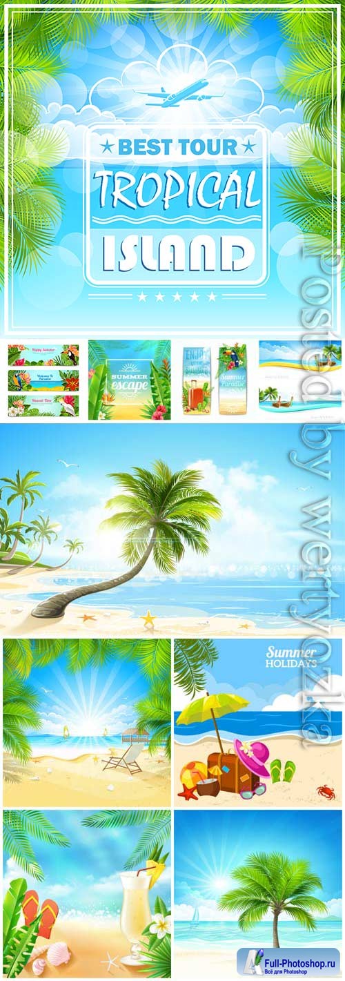 Summer vacation, sea, palm trees, cocktails in vector vol 7