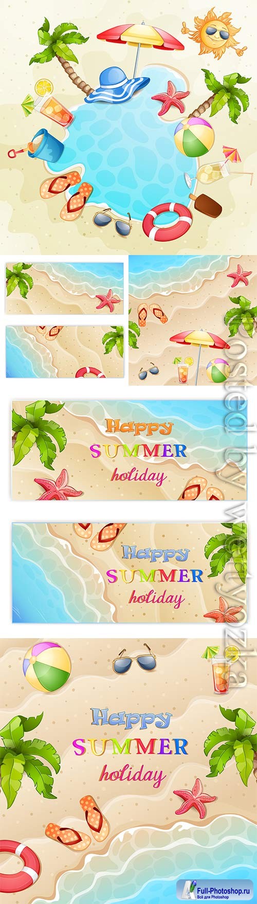 Summer vacation, sea, palm trees, cocktails in vector vol 4