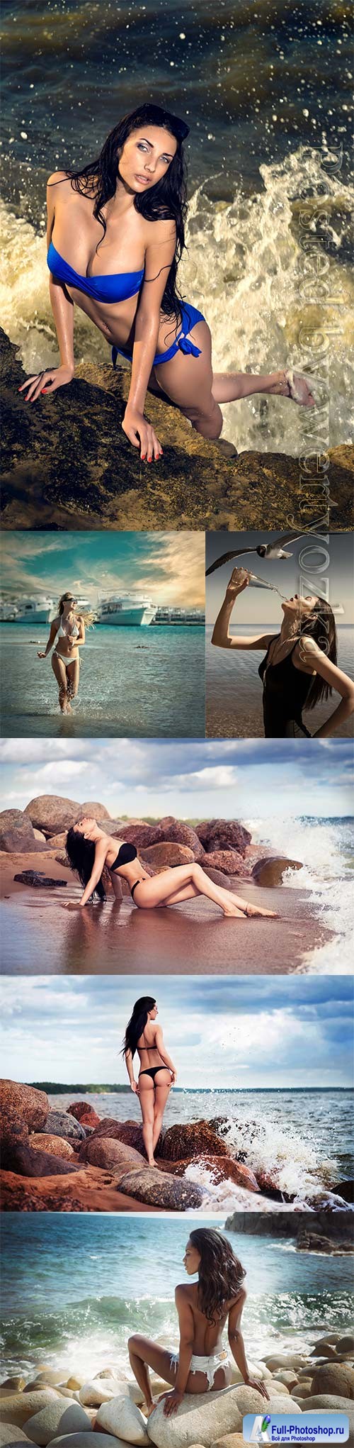 Girls on the seashore sitting on stones stock photo