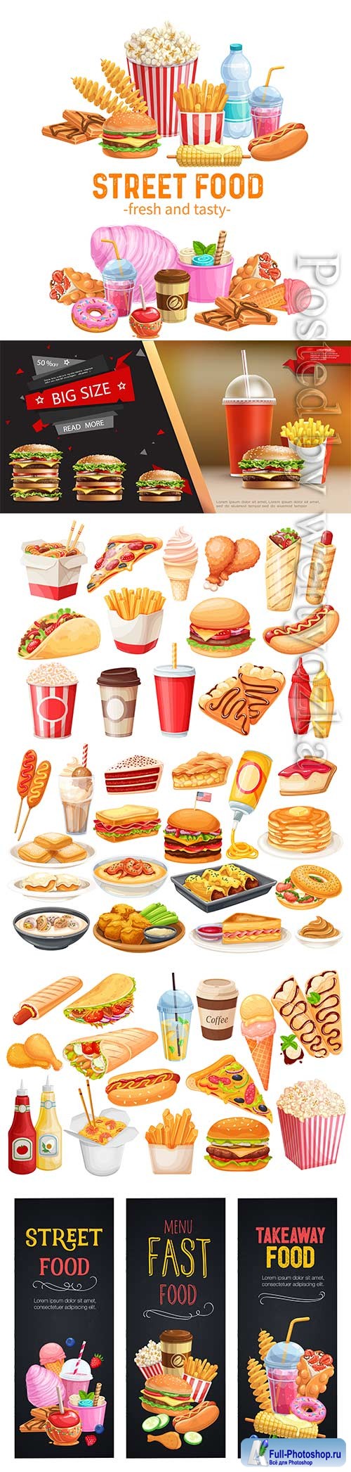 Fast food vector banners, chips, hamburger, hot dog, pizza